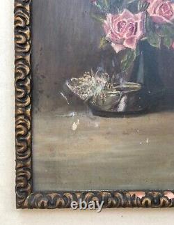 Ancient Painting Signed And Dated 1932, Bouquet Of Roses, Oil On Cardboard, Painting