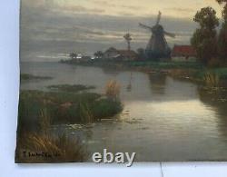 Ancient Painting Signed And Dated 29, Oil On Canvas, Landscape, Flanders, Mill, 20th