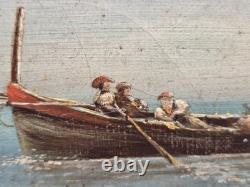 Ancient Painting Signed. Animated Marine Landscape with Sailboats. Oil on Canvas