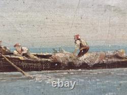 Ancient Painting Signed. Animated Marine Landscape with Sailboats. Oil on Canvas