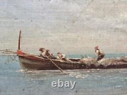 Ancient Painting Signed. Animated Marine Landscape with Sailboats. Oil on Canvas