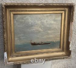 Ancient Painting Signed. Animated Marine Landscape with Sailboats. Oil on Canvas