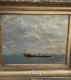 Ancient Painting Signed. Animated Marine Landscape with Sailboats. Oil on Canvas