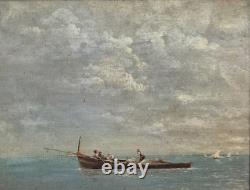 Ancient Painting Signed. Animated Marine Landscape with Sailboats. Oil on Canvas