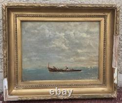 Ancient Painting Signed. Animated Marine Landscape with Sailboats. Oil on Canvas