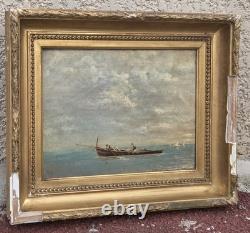 Ancient Painting Signed. Animated Marine Landscape with Sailboats. Oil on Canvas