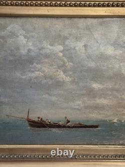 Ancient Painting Signed. Animated Marine Landscape with Sailboats. Oil on Canvas