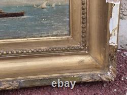 Ancient Painting Signed. Animated Marine Landscape with Sailboats. Oil on Canvas