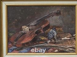 Ancient Painting Signed Bory Books And Violin Oil Painting On Wooden Panel