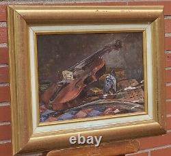 Ancient Painting Signed Bory Books And Violin Oil Painting On Wooden Panel