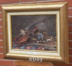 Ancient Painting Signed Bory Books And Violin Oil Painting On Wooden Panel