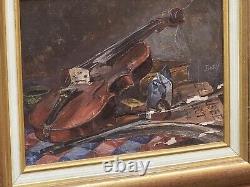 Ancient Painting Signed Bory Books And Violin Oil Painting On Wooden Panel