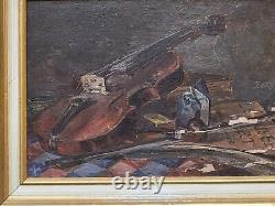 Ancient Painting Signed Bory Books And Violin Oil Painting On Wooden Panel