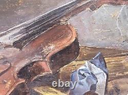 Ancient Painting Signed Bory Books And Violin Oil Painting On Wooden Panel