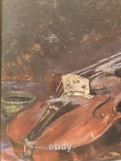 Ancient Painting Signed Bory Books And Violin Oil Painting On Wooden Panel