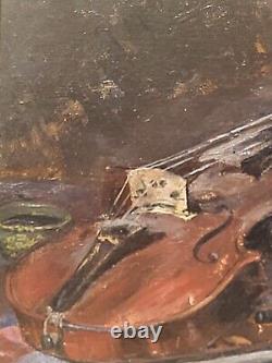 Ancient Painting Signed Bory Books And Violin Oil Painting On Wooden Panel