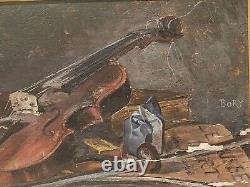 Ancient Painting Signed Bory Books And Violin Oil Painting On Wooden Panel