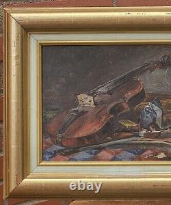 Ancient Painting Signed Bory Books And Violin Oil Painting On Wooden Panel