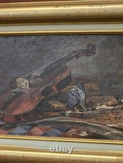 Ancient Painting Signed Bory Books And Violin Oil Painting On Wooden Panel