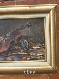 Ancient Painting Signed Bory Books And Violin Oil Painting On Wooden Panel