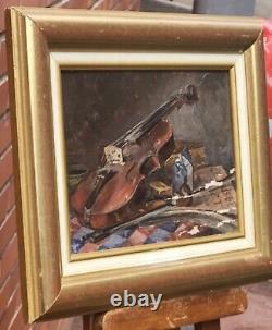 Ancient Painting Signed Bory Books And Violin Oil Painting On Wooden Panel