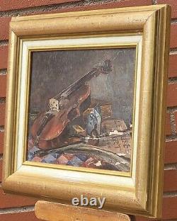 Ancient Painting Signed Bory Books And Violin Oil Painting On Wooden Panel