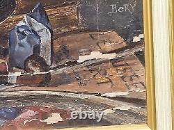 Ancient Painting Signed Bory Books And Violin Oil Painting On Wooden Panel