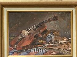 Ancient Painting Signed Bory Books And Violin Oil Painting On Wooden Panel