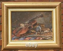 Ancient Painting Signed Bory Books And Violin Oil Painting On Wooden Panel