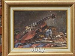 Ancient Painting Signed Bory Books And Violin Oil Painting On Wooden Panel