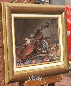 Ancient Painting Signed Bory Books And Violin Oil Painting On Wooden Panel