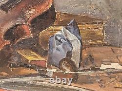 Ancient Painting Signed Bory Books And Violin Oil Painting On Wooden Panel