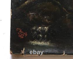 Ancient Painting Signed By G. Barrelly And Dated 1874, Oil On Canvas, Cascade, 19th