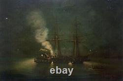 Ancient Painting Signed, Daté 1872, Oil On Canvas, Marine, Naval Battle, 19th