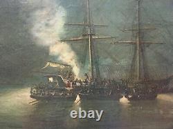Ancient Painting Signed, Daté 1872, Oil On Canvas, Marine, Naval Battle, 19th