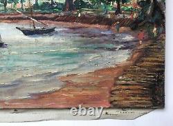 Ancient Painting Signed, Daté 1956, Beach In The West Indies, Oil On Canvas, Middle 20th Century