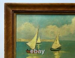 Ancient Painting Signed, Marine, Oil On Canvas, Painting, Box, Early 20th Century