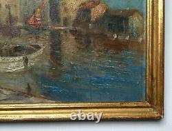 Ancient Painting Signed, Mediterranean Port, Marine, Oil On Panel, Early 20th Century