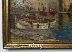 Ancient Painting Signed, Mediterranean Port, Marine, Oil On Panel, Early 20th Century