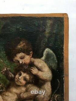 Ancient Painting Signed, Oil On Canvas, Angelots, Angels, Putti And Lion Cub, 19th