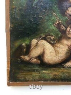 Ancient Painting Signed, Oil On Canvas, Angelots, Angels, Putti And Lion Cub, 19th