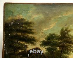 Ancient Painting Signed, Oil On Canvas, Animated Landscape, Northern School, 19th Or Av