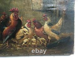 Ancient Painting Signed, Oil On Canvas, Chicken, 19th Century