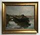 Ancient Painting Signed, Oil On Canvas, Docked Barge, Box, 19th