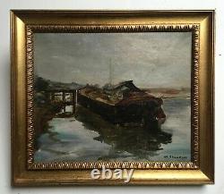 Ancient Painting Signed, Oil On Canvas, Docked Barge, Box, 19th