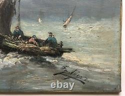 Ancient Painting Signed, Oil On Canvas, Marine, Fishermen At Sea, Boat, 19th