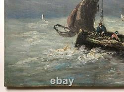 Ancient Painting Signed, Oil On Canvas, Marine, Fishermen At Sea, Boat, 19th