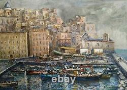 Ancient Painting Signed Oil On Canvas Marine Landscape Italian Painting Hst