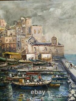 Ancient Painting Signed Oil On Canvas Marine Landscape Italian Painting Hst