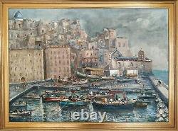 Ancient Painting Signed Oil On Canvas Marine Landscape Italian Painting Hst